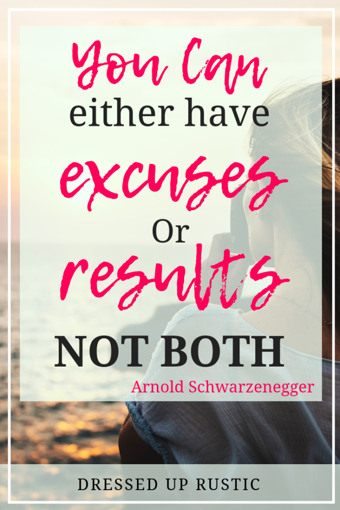 "You Can Either Have Excuses or Results. Not Both." A quote by Arnold Schwarzenegger. Graphic by Janette Foreman at Dressed Up Rustic.