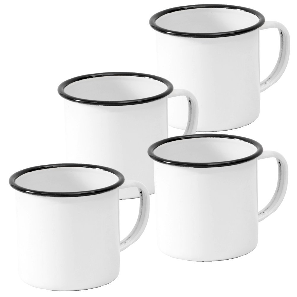 Four enamel farmhouse coffee mugs grouped together on a white background