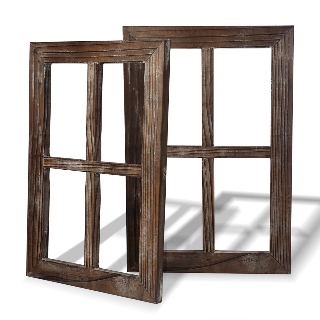 a two pack of dark brown barnwood window frames