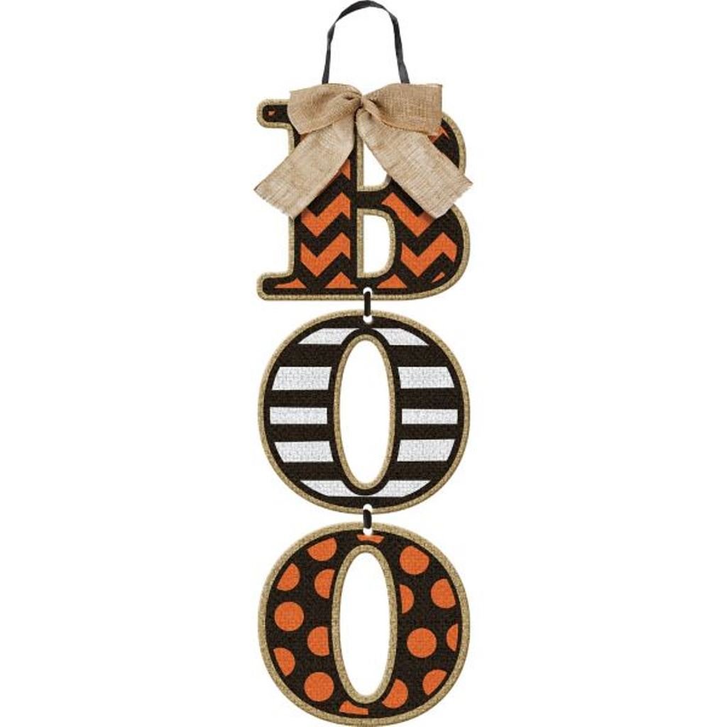 Halloween door sign that says "boo" in orange and black chevron and black and white stripes, tied with a burlap bow on top