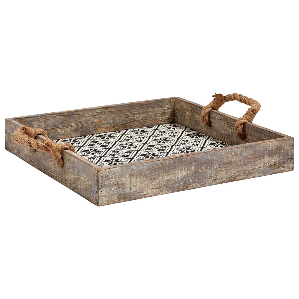 rustic farmhouse wooden serving tray with black and white rattan in the bottom and rope handles