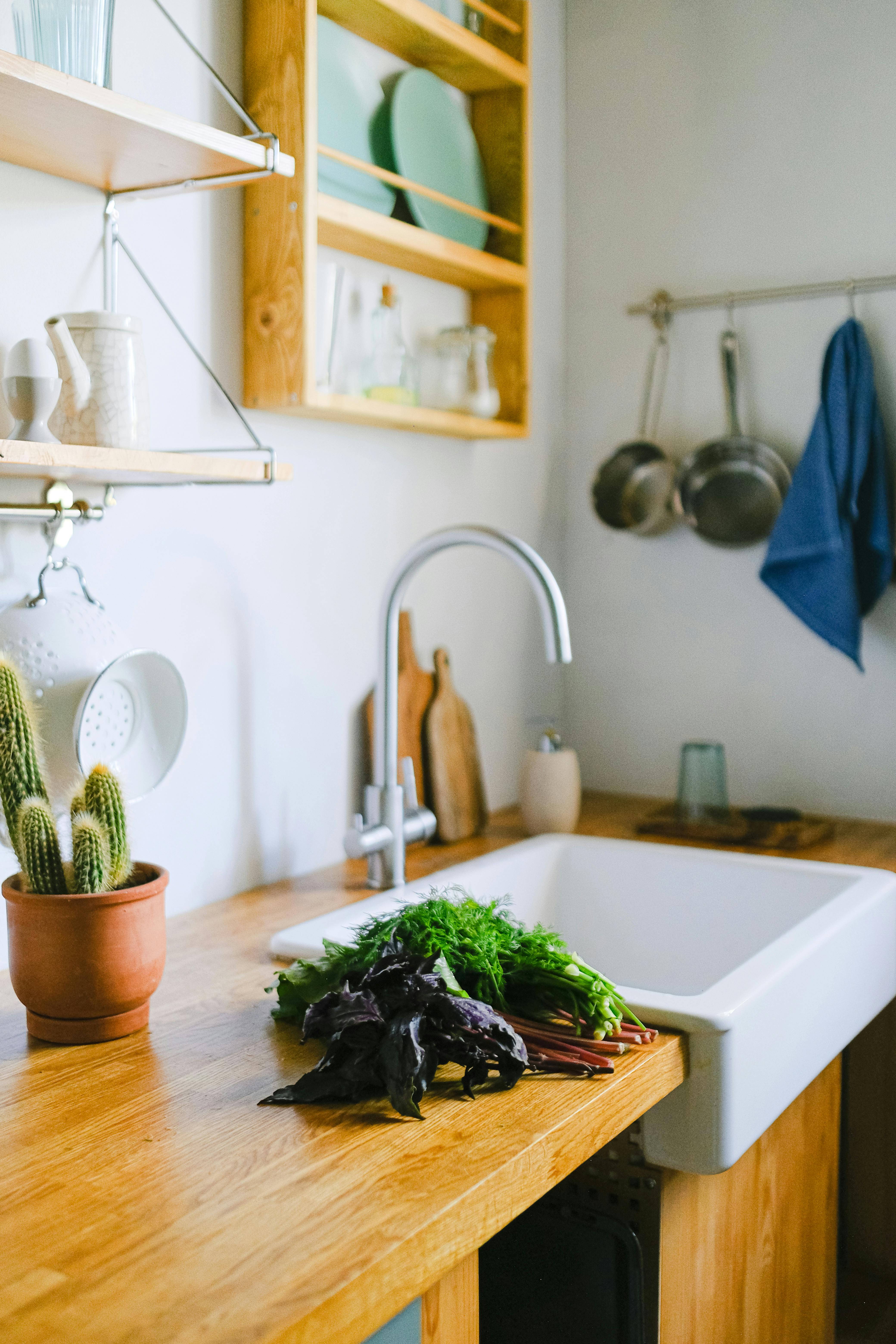 farmhouse sink and butcher block counters in the kitchen